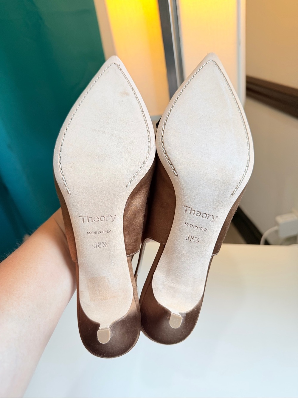 Theory Bronze Satin Slingback Heels Pointed Toe Black Bow Size 38.5 8.5 Italy - Picture 6 of 14